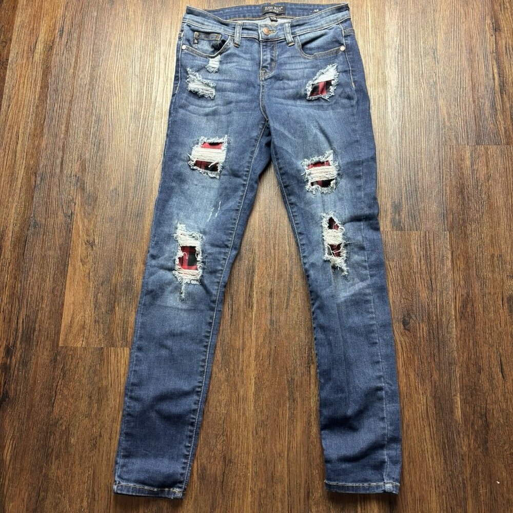 Judy Blue Skinny Jeans Buffalo Plaid Patch Distressed Medium Wash Size 7/28